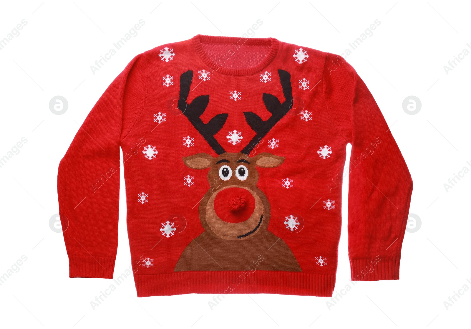 Photo of Warm Christmas sweater with deer on white background, top view