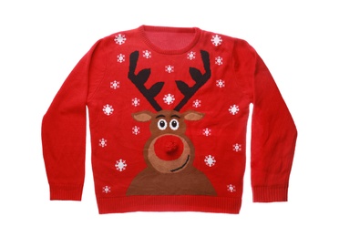 Photo of Warm Christmas sweater with deer on white background, top view