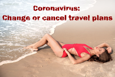 Image of Vacation cancellation concept. Attractive young woman in one-piece swimsuit on beach