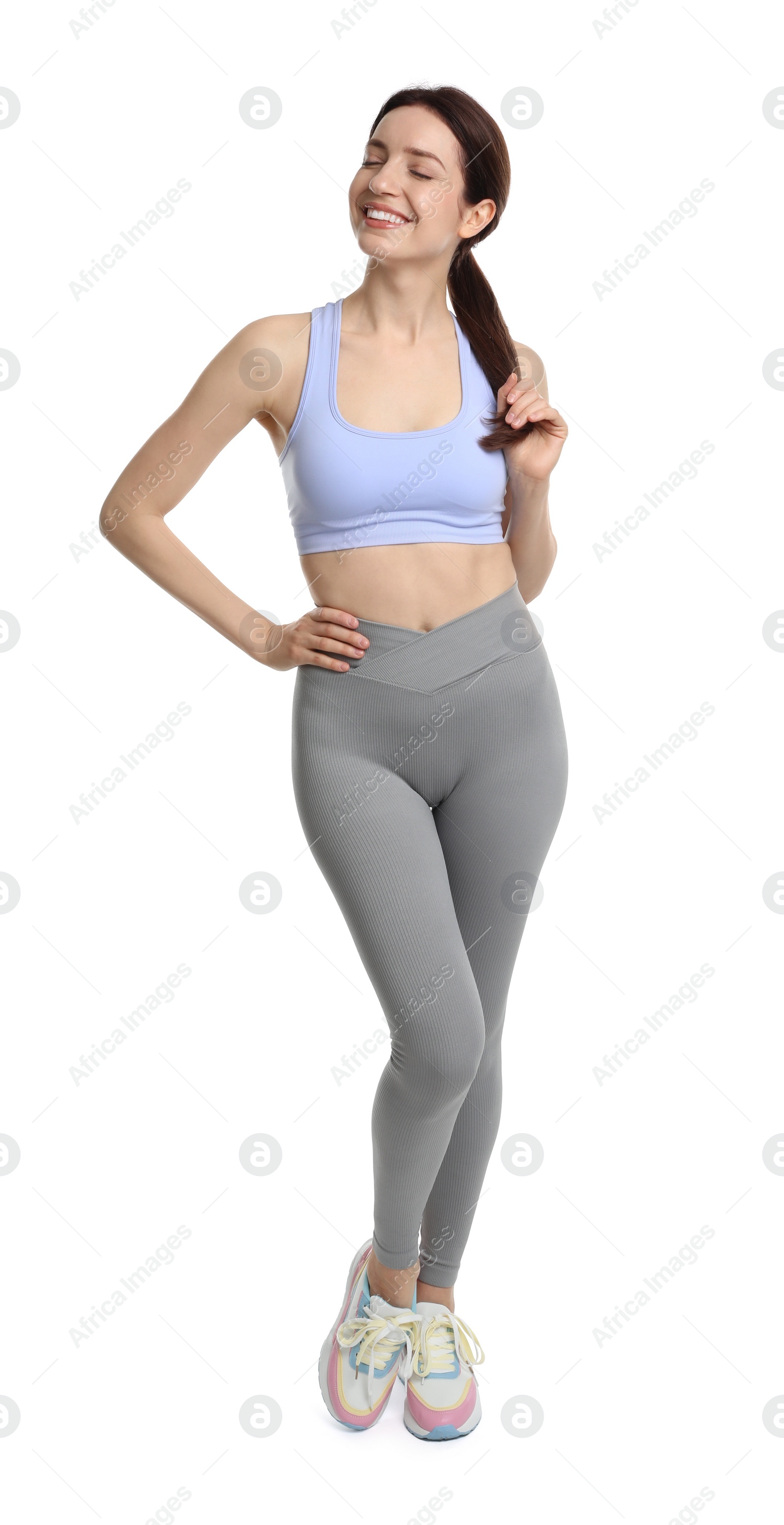 Photo of Happy young woman with slim body isolated on white