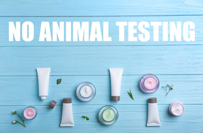 Cosmetic products and text NO ANIMAL TESTING on light blue wooden background, flat lay