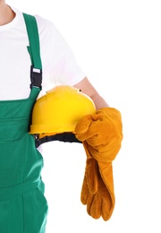 Male industrial worker in uniform on white background, closeup. Safety equipment