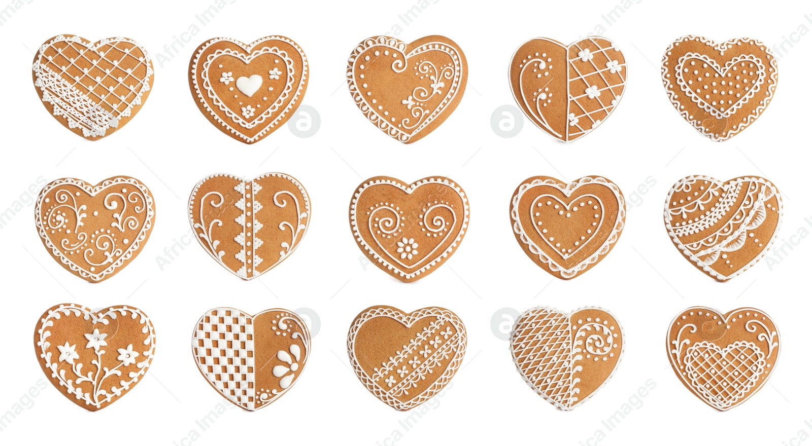 Image of Set of Christmas gingerbread heart shaped cookies on white background. Banner design