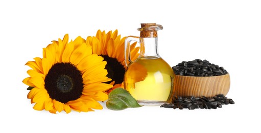 Sunflower cooking oil, seeds and yellow flowers on white background