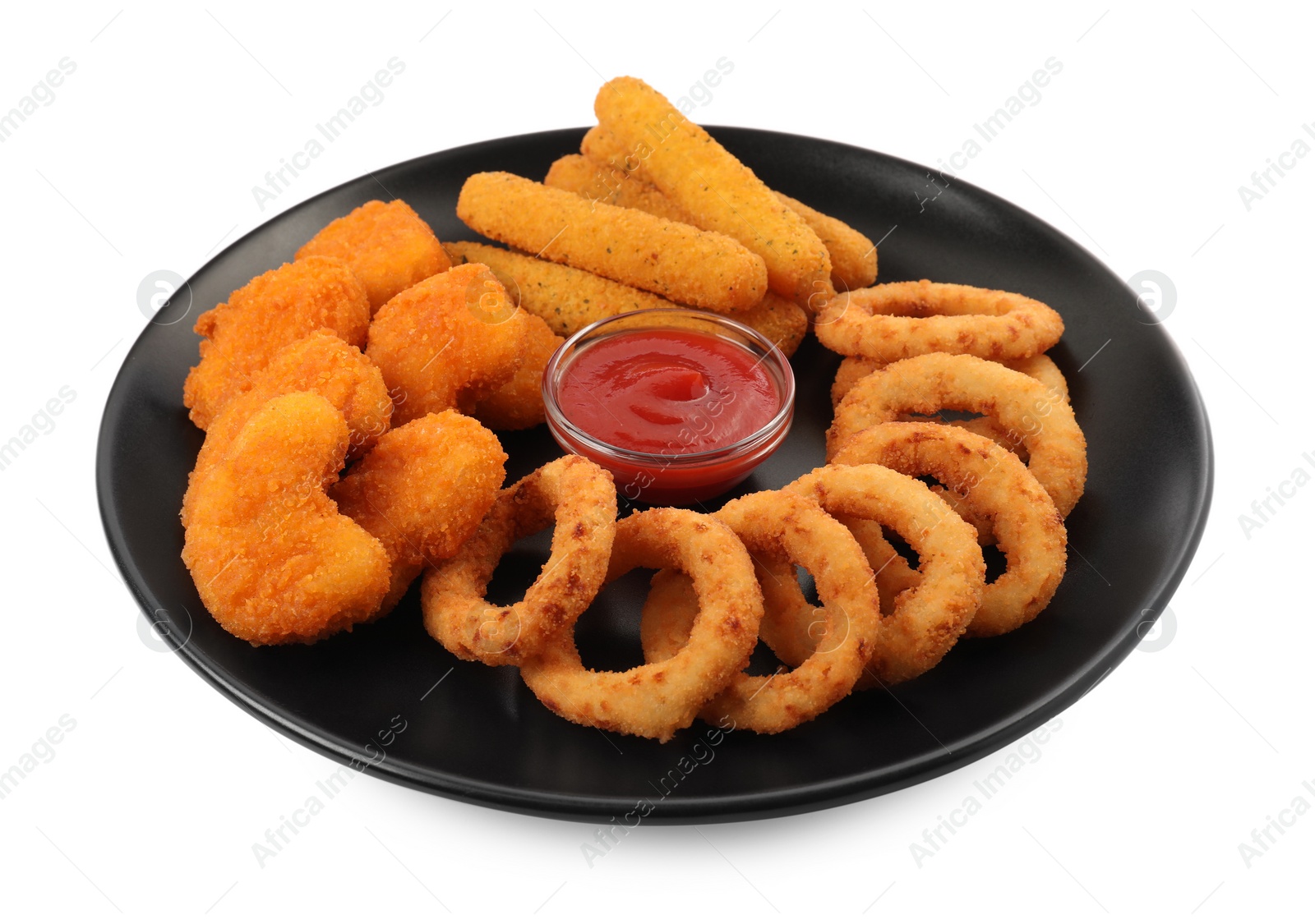 Photo of Tasty chicken nuggets, fried onion rings, cheese sticks and ketchup isolated on white