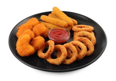 Tasty chicken nuggets, fried onion rings, cheese sticks and ketchup isolated on white