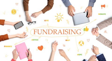 Image of Fundraising themed words and icons on white background, banner design. People working together, top view