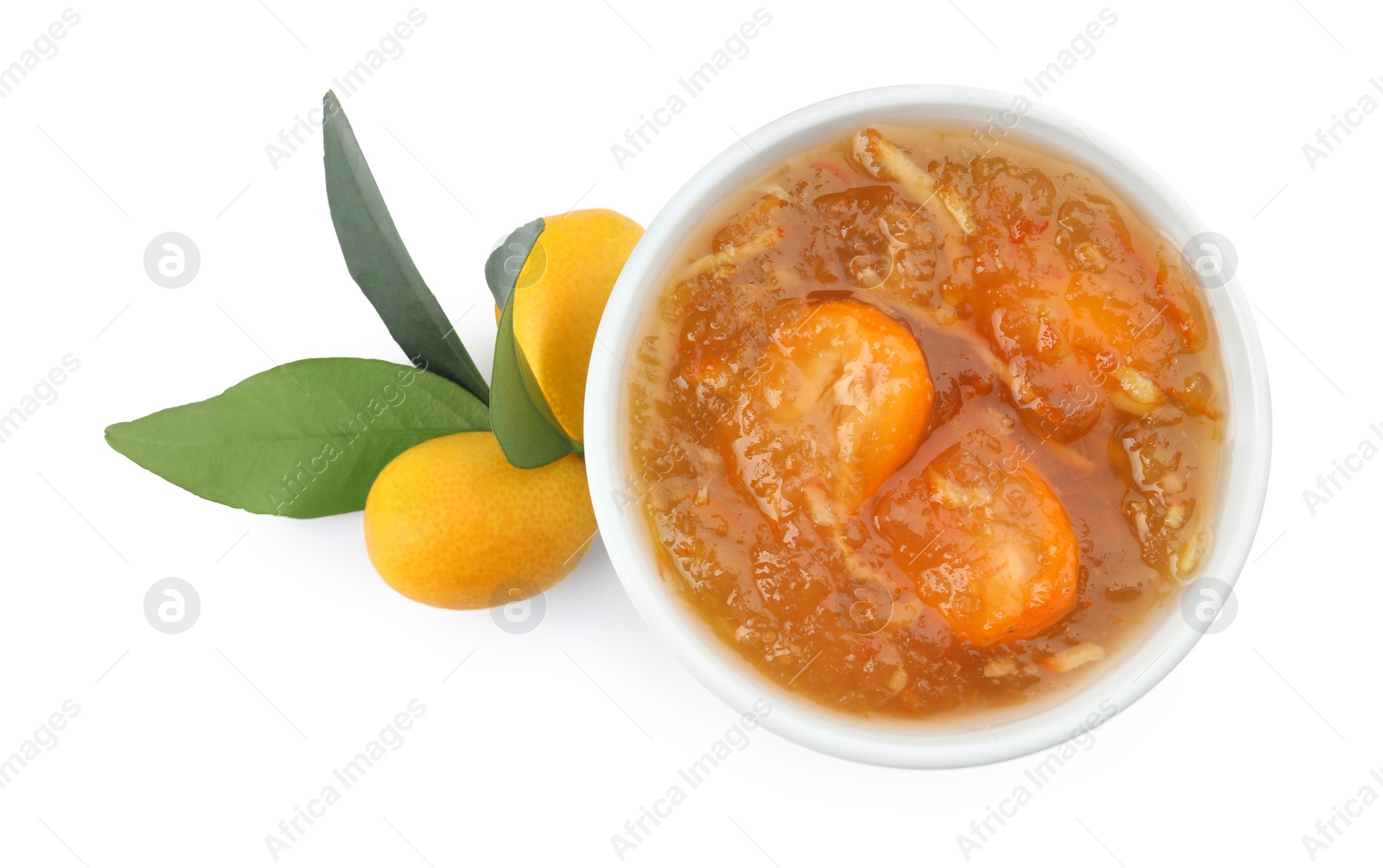 Photo of Delicious kumquat jam in bowl and fresh fruits on white background, top view