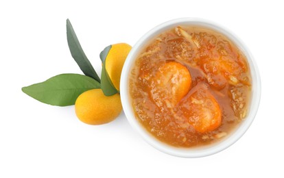 Delicious kumquat jam in bowl and fresh fruits on white background, top view