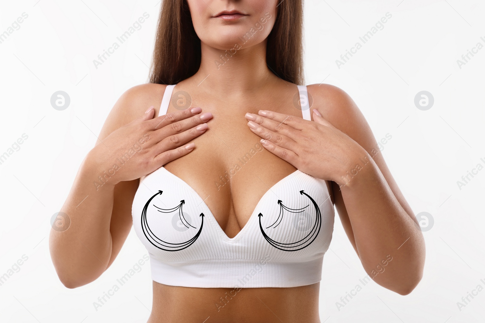 Image of Breast surgery. Woman with markings on bra against white background, closeup