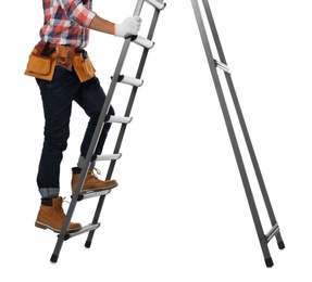 Photo of Professional constructor climbing ladder on white background, closeup