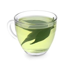 Fresh green tea in glass cup and leaves isolated on white