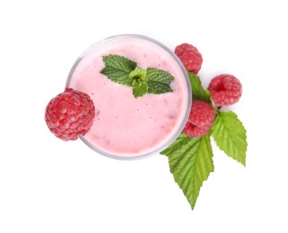 Photo of Tasty raspberry smoothie in glass isolated on white, top view