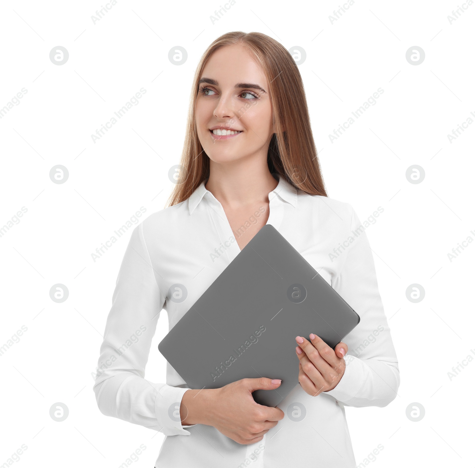 Photo of Happy young secretary with folder on white background