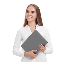 Happy young secretary with folder on white background