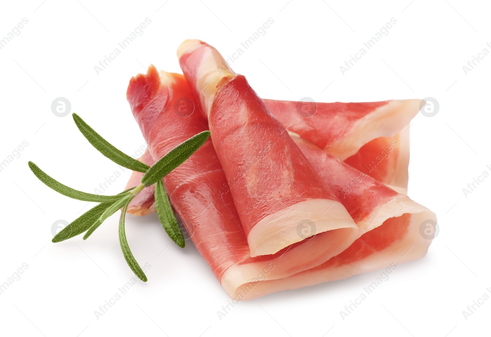 Photo of Slices of delicious jamon with rosemary on white background