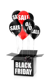 Image of Box with different air balloons on white background. Black Friday sale