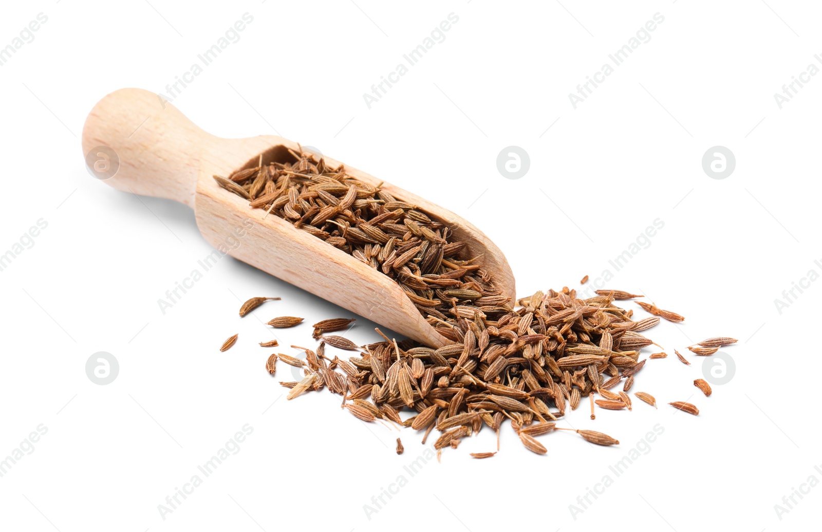 Photo of Scoop of aromatic caraway (Persian cumin) seeds isolated on white