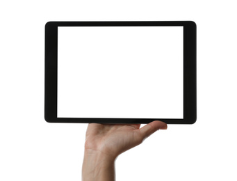 Photo of Woman holding tablet computer with blank screen on white background, closeup. Modern gadget