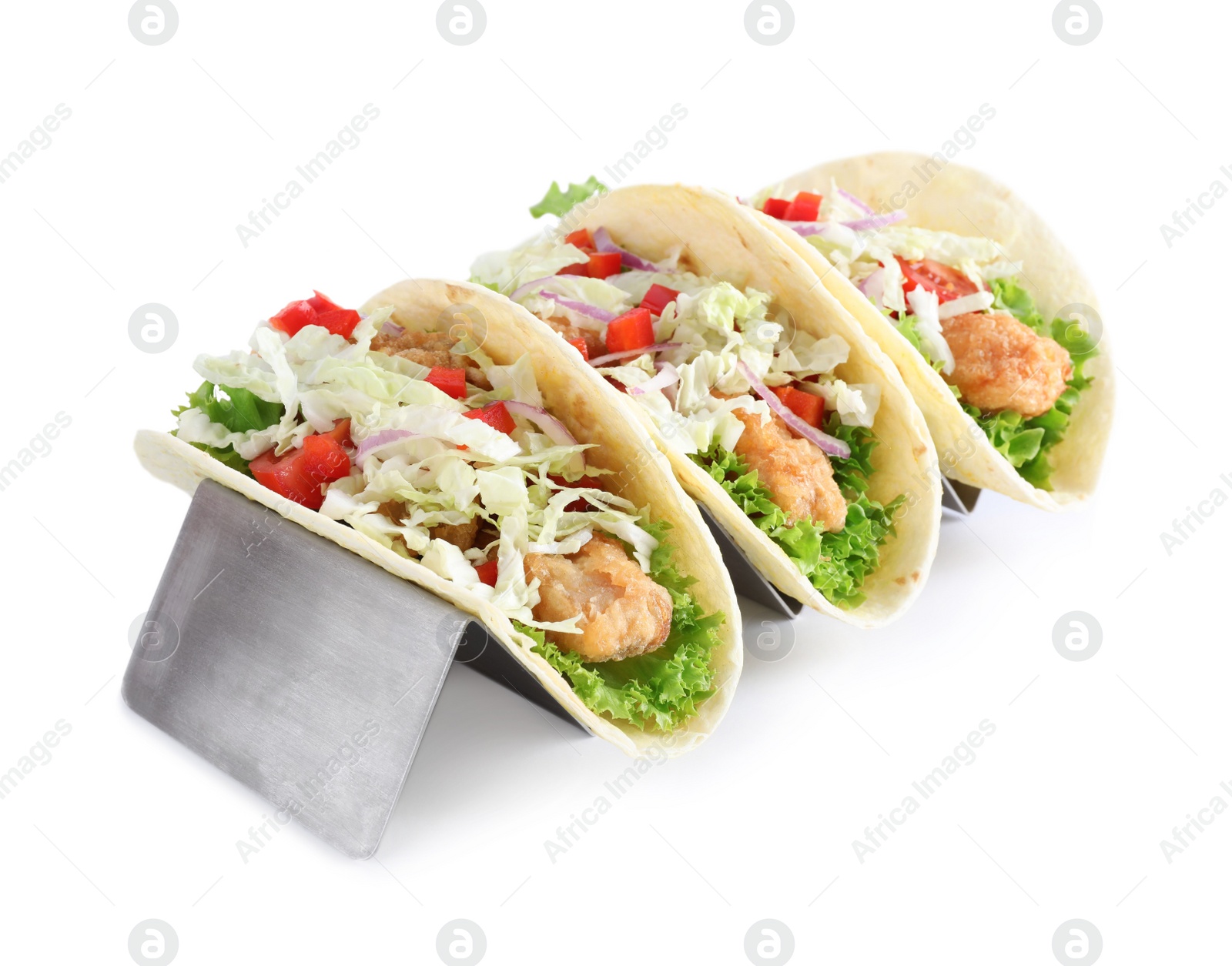 Photo of Yummy fish tacos in holder isolated on white