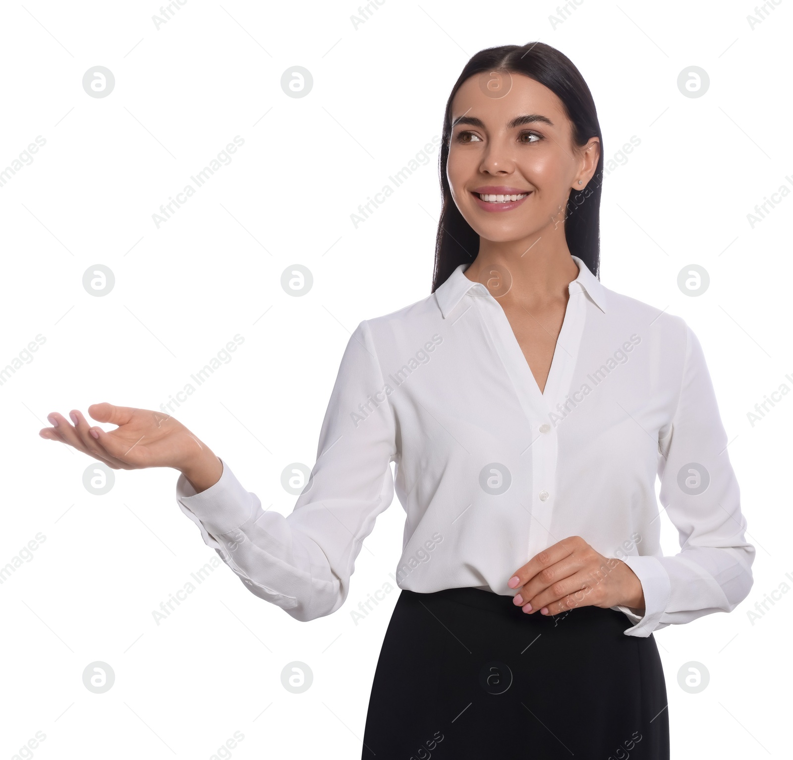 Photo of Portrait of hostess in uniform on white background