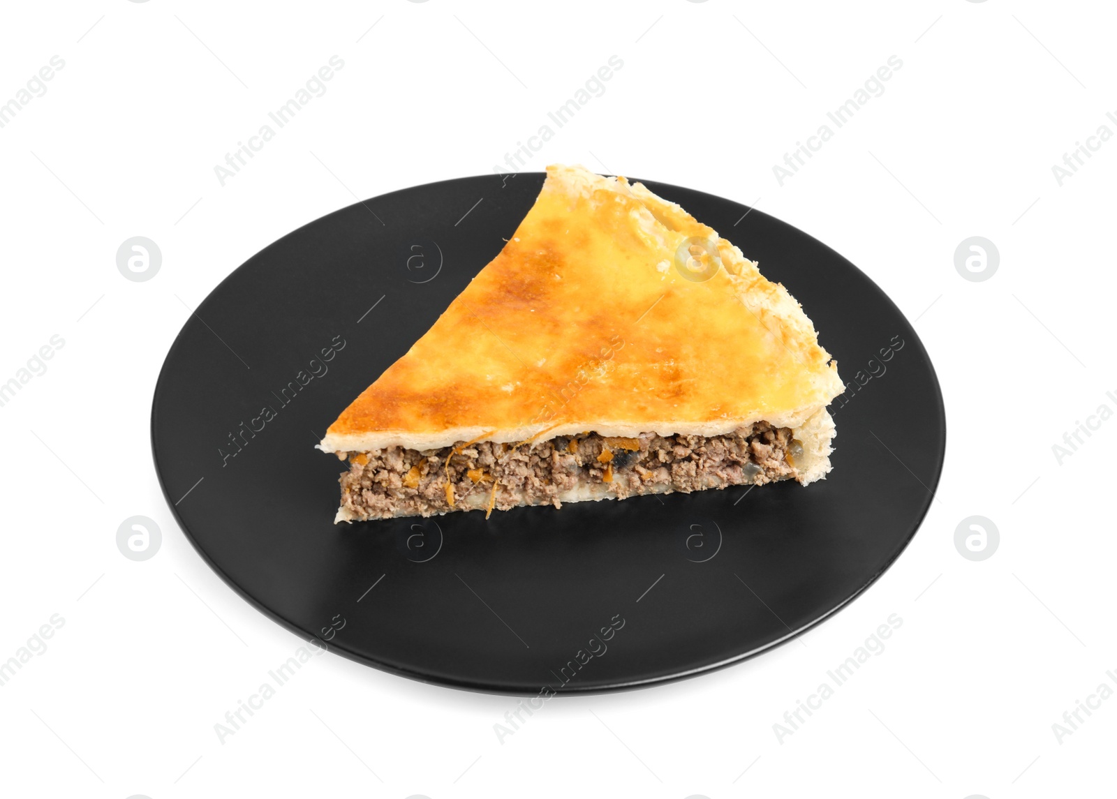 Photo of Piece of delicious pie with minced meat isolated on white