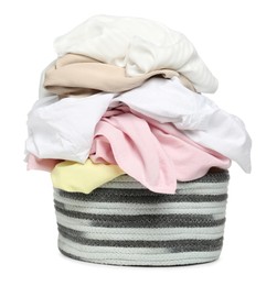 Photo of Laundry basket with clean colorful clothes isolated on white