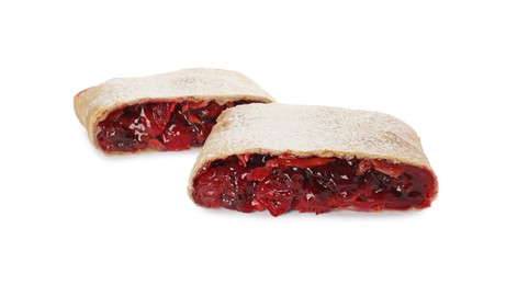Photo of Delicious cut strudel with cherries isolated on white