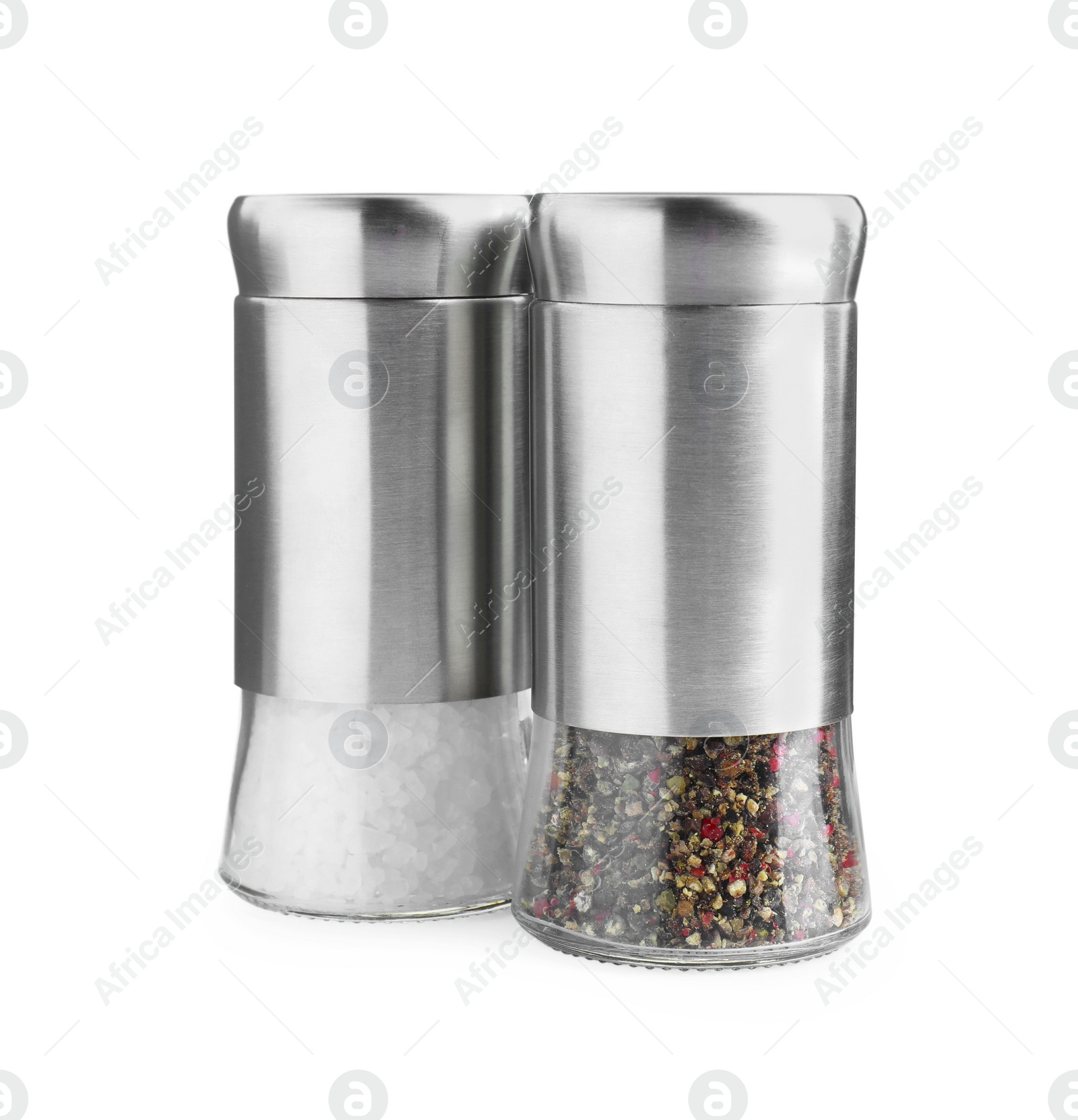 Photo of Salt and pepper shakers isolated on white