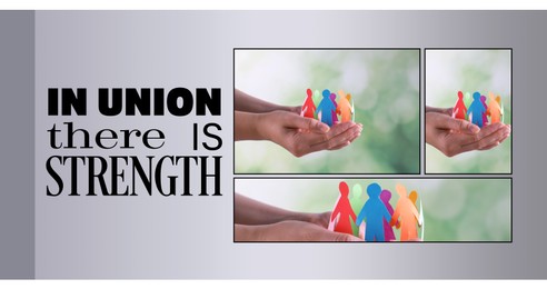 Image of Partnership, union and togetherness. Collage with photo of woman holding paper humans joined in circle on light grey background, banner design