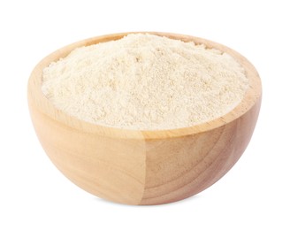 Photo of Quinoa flour in wooden isolated on white