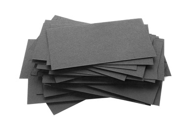 Photo of Many blank black business cards isolated on white. Mockup for design