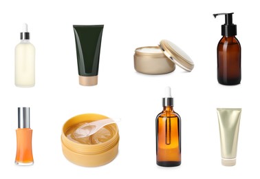 Image of Set with different cosmetic products on white background