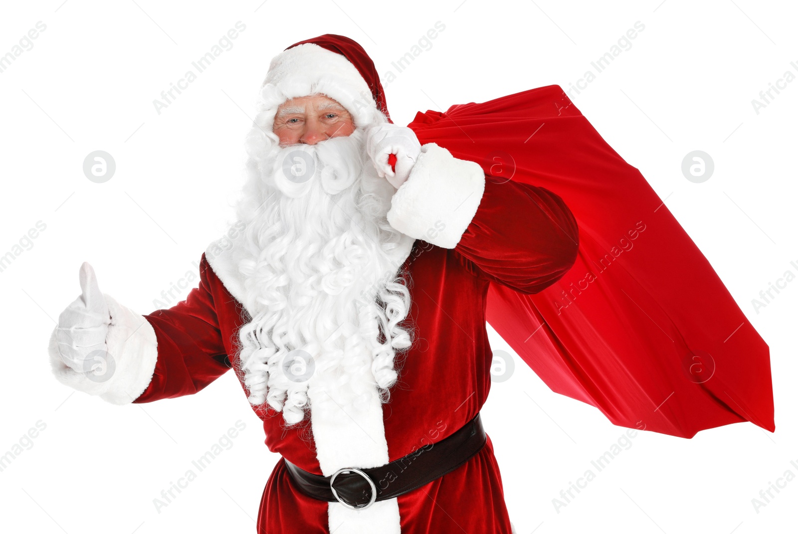 Photo of Authentic Santa Claus with bag full of gifts on white background