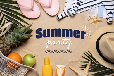 Image of Summer party. Frame of different beach accessories on sand, flat lay 
