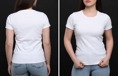 Image of Woman wearing white t-shirt on black background, back and front view. Mockup for design