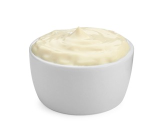 Photo of Tasty mayonnaise in bowl isolated on white