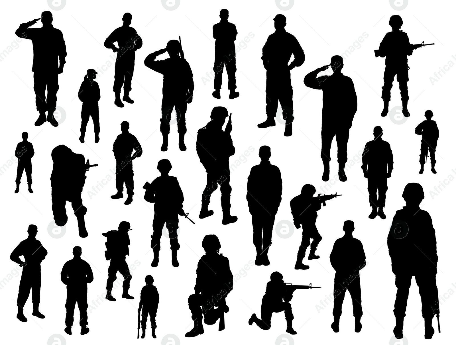 Image of Collage with silhouettes of soldiers on white background. Military service