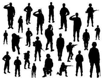 Image of Collage with silhouettes of soldiers on white background. Military service
