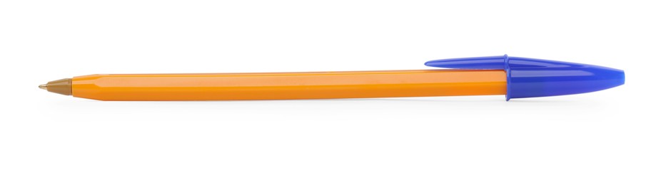 Photo of New orange plastic pen isolated on white