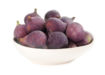Photo of Whole tasty fresh figs in bowl on white background