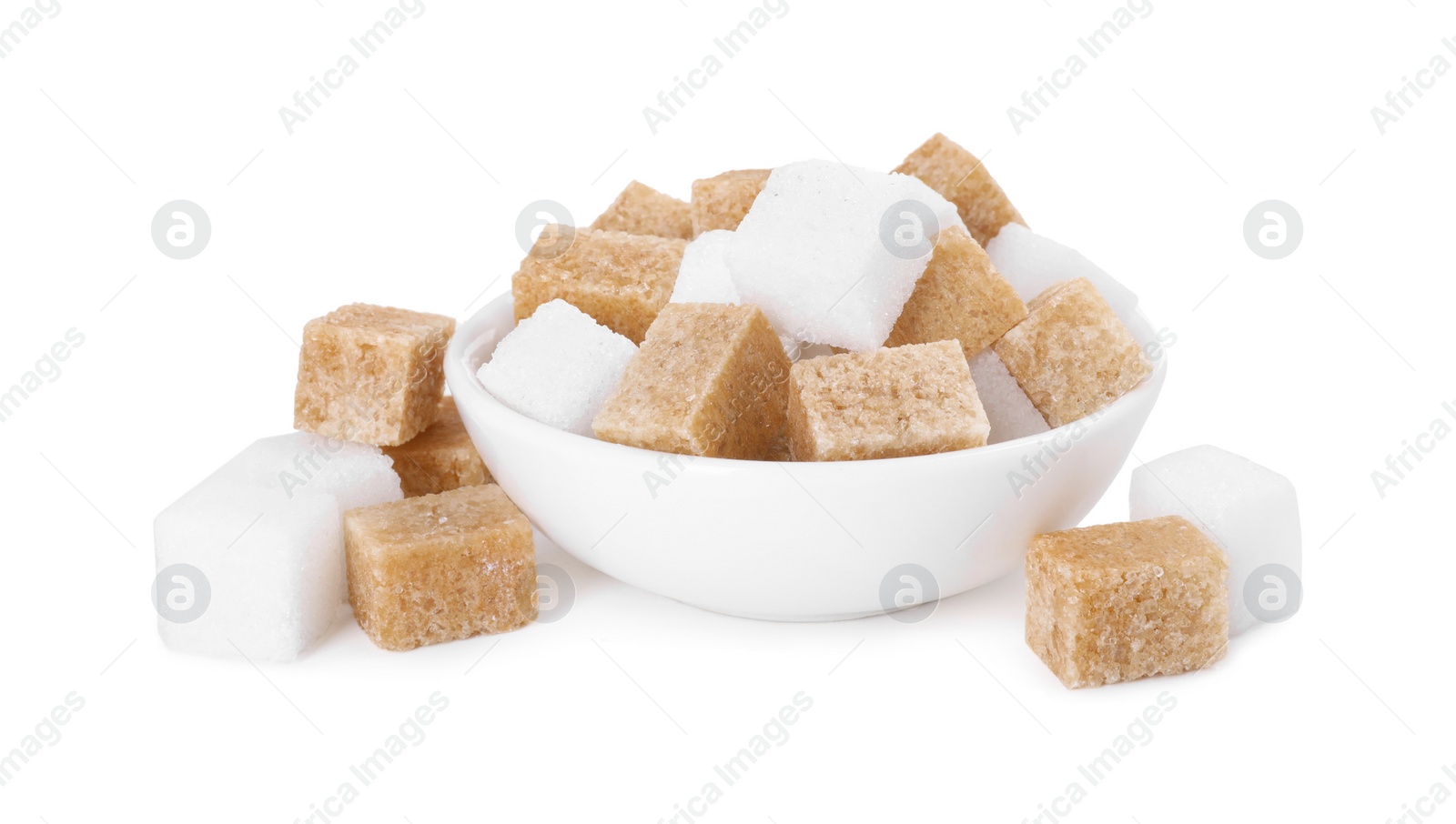 Photo of Different types of sugar in bowl isolated on white