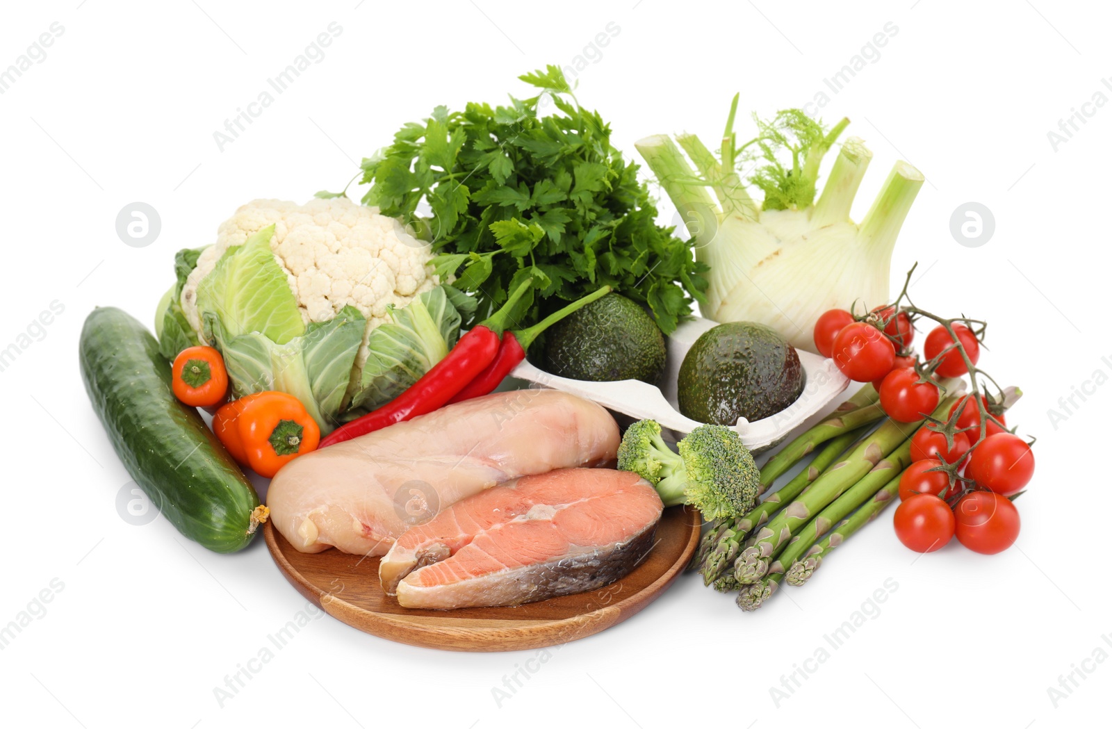 Photo of Healthy food. Different fresh products isolated on white