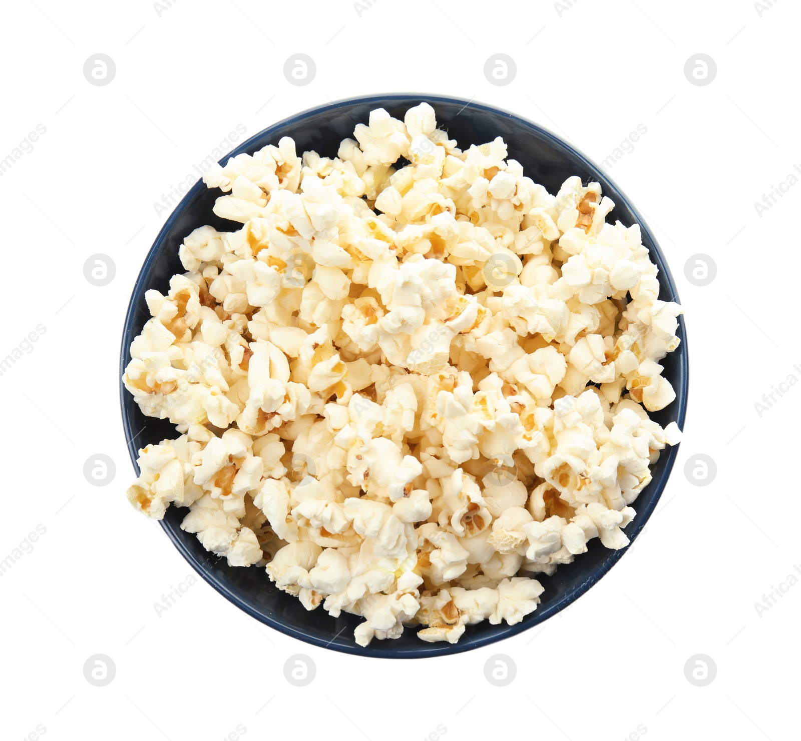 Photo of Bowl with delicious fresh popcorn on white background, top view