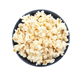 Photo of Bowl with delicious fresh popcorn on white background, top view