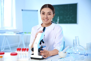 Photo of Female scientist with microscope in chemistry laboratory