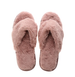 Photo of Stylish soft slippers on white background, top view