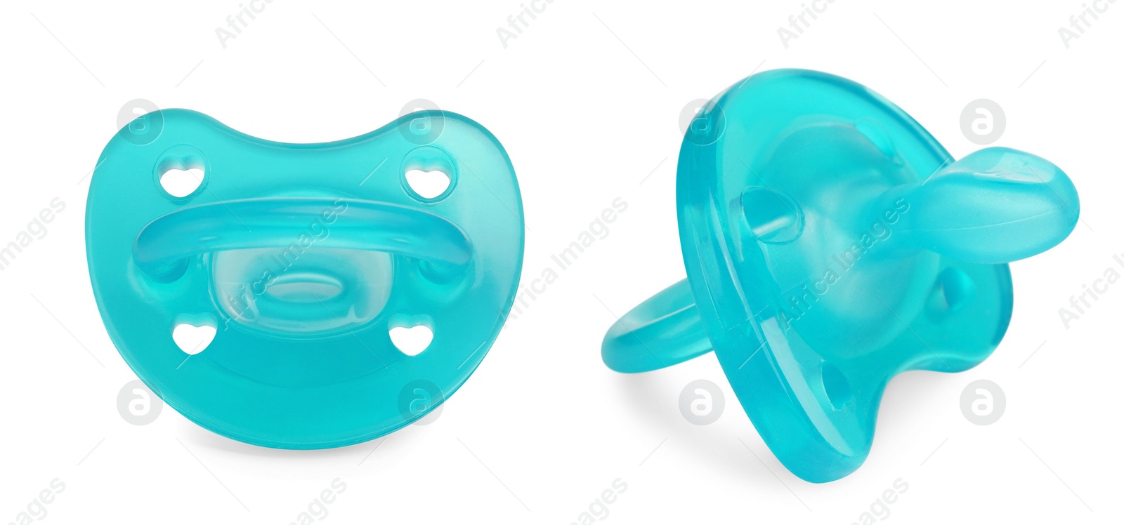 Image of Light blue baby pacifier on white background, views from different sides