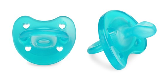 Image of Light blue baby pacifier on white background, views from different sides
