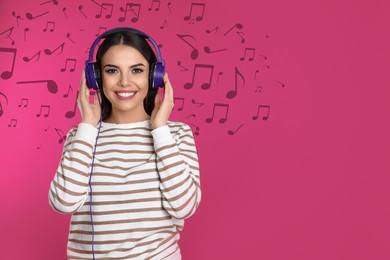 Image of Beautiful happy woman listening to music through headphones on pink background, space for text. Music notes illustrations
